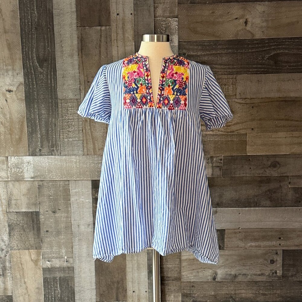 Blue white stripes v-neck fiesta dress large rainbow embroidery festival boho - Picture 10 of 10